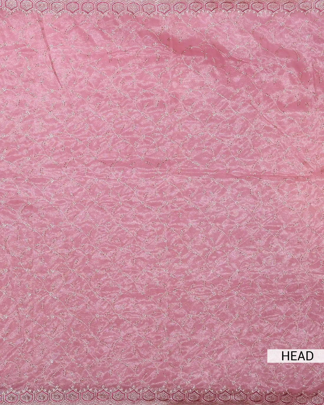 Designer Embroidered Saree with Intricate Silver Floral Threadwork & Scalloped Lace Border - Pink
