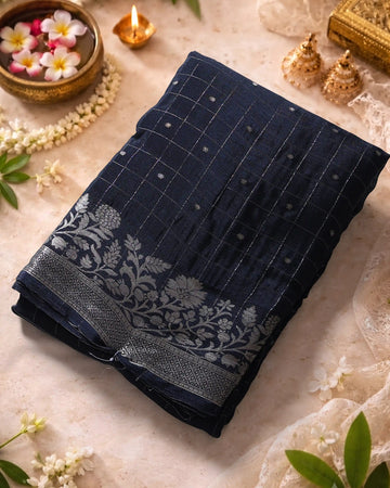 Elegant Georgette Saree with Metallic Zari Checks Intricate Floral Jaal Border and Traditional Woven Pallu - Black