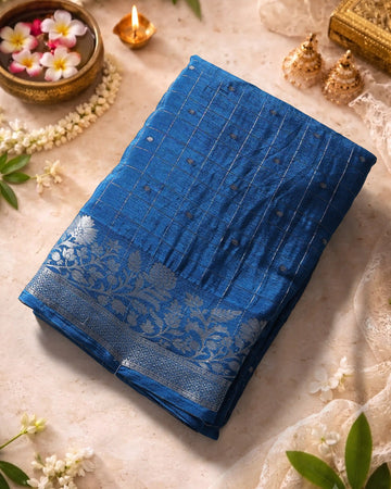 Elegant Georgette Saree with Metallic Zari Checks Intricate Floral Jaal Border and Traditional Woven Pallu - Blue