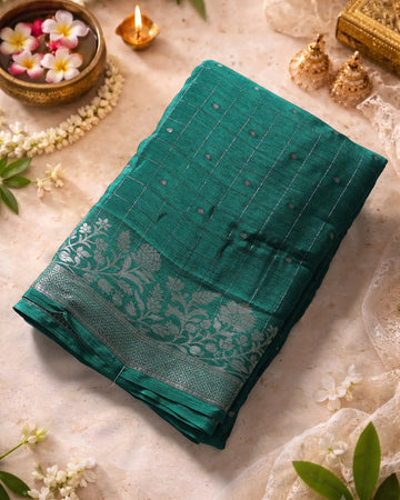 Elegant Georgette Saree with Metallic Zari Checks Intricate Floral Jaal Border and Traditional Woven Pallu - Dark Green