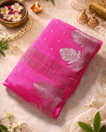 Georgette Saree with Intricate Metallic Zari Floral Motifs Striped Zari Border & Bandhani Inspired Printed Blouse - Dark Pink