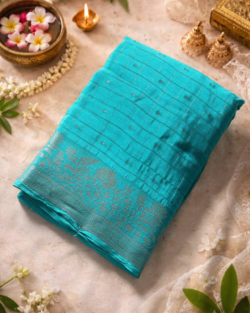 Elegant Georgette Saree with Metallic Zari Checks Intricate Floral Jaal Border and Traditional Woven Pallu -  Teal Green