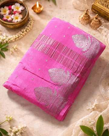 Georgette Saree with Intricate Metallic Zari Floral Motifs Striped Zari Border & Bandhani Inspired Printed Blouse - Pink