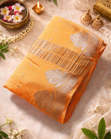 Georgette Saree with Intricate Metallic Zari Floral Motifs Striped Zari Border & Bandhani Inspired Printed Blouse - Orange