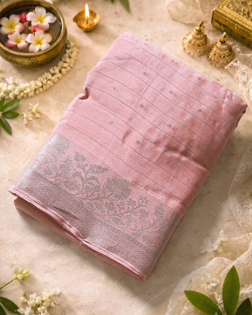 Elegant Georgette Saree with Metallic Zari Checks Intricate Floral Jaal Border and Traditional Woven Pallu - Peach