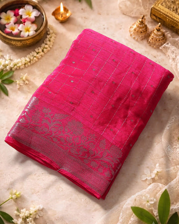 Elegant Georgette Saree with Metallic Zari Checks Intricate Floral Jaal Border and Traditional Woven Pallu - Pink