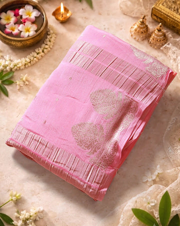 Georgette Saree with Intricate Metallic Zari Floral Motifs Striped Zari Border & Bandhani Inspired Printed Blouse - Pink