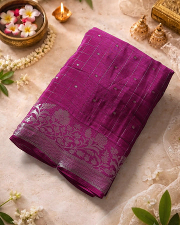 Elegant Georgette Saree with Metallic Zari Checks Intricate Floral Jaal Border and Traditional Woven Pallu -  Purple
