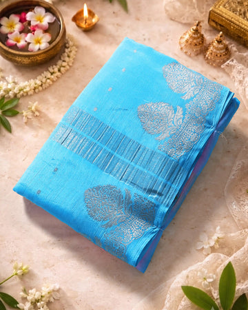 Georgette Saree with Intricate Metallic Zari Floral Motifs Striped Zari Border & Bandhani Inspired Printed Blouse - Teal