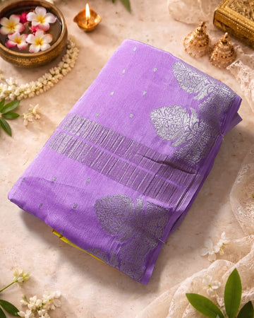 Georgette Saree with Intricate Metallic Zari Floral Motifs Striped Zari Border & Bandhani Inspired Printed Blouse - Lavender