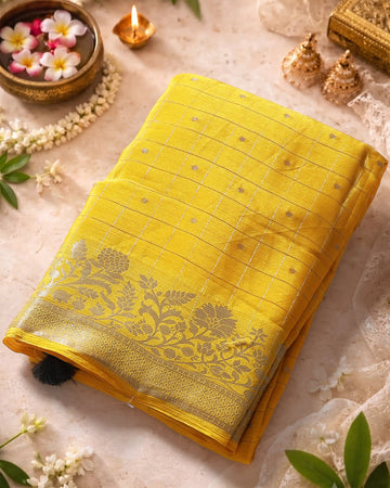Elegant Georgette Saree with Metallic Zari Checks Intricate Floral Jaal Border and Traditional Woven Pallu - Yellow