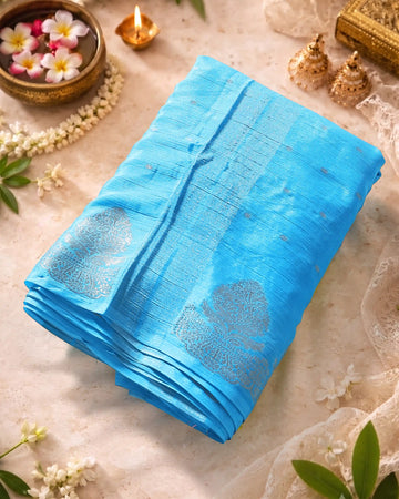 Georgette Saree with Intricate Metallic Zari Floral Motifs Striped Zari Border & Bandhani Inspired Printed Blouse - Blue