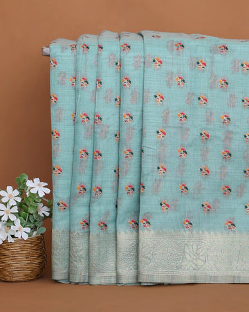 Linen Cotton Saree For Women with Floral Butta Motifs and Intricate Woven Border - Aqua Blue