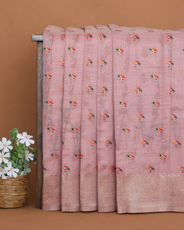 Linen Cotton Saree For Women with Floral Butta Motifs and Intricate Woven Border - Pink