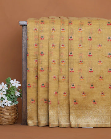 Linen Cotton Saree For Women with Floral Butta Motifs and Intricate Woven Border - Yellow