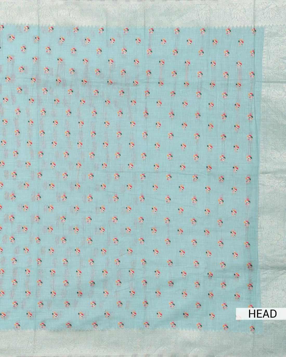 Linen Cotton Saree For Women with Floral Butta Motifs and Intricate Woven Border - Aqua Blue