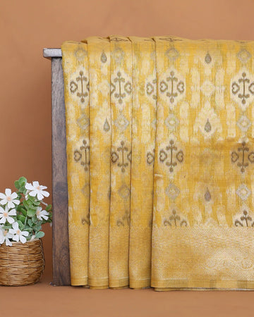 Linen Cotton Saree with Traditional Ikat Inspired Woven Motifs and Contrast Border - Yellow
