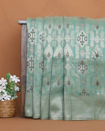 Linen Cotton Saree with Traditional Ikat Inspired Woven Motifs and Contrast Border - Aqua Green