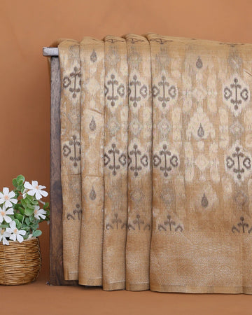 Linen Cotton Saree with Traditional Ikat Inspired Woven Motifs and Contrast Border - Beige