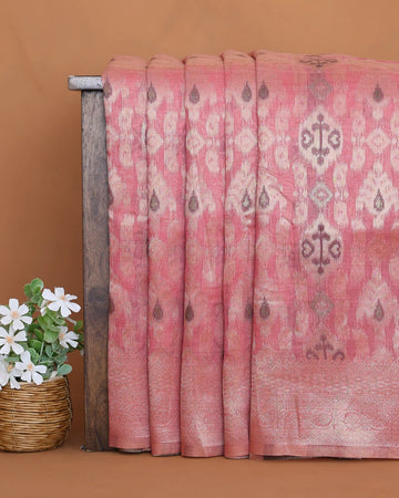 Linen Cotton Saree with Traditional Ikat Inspired Woven Motifs and Contrast Border - Pink