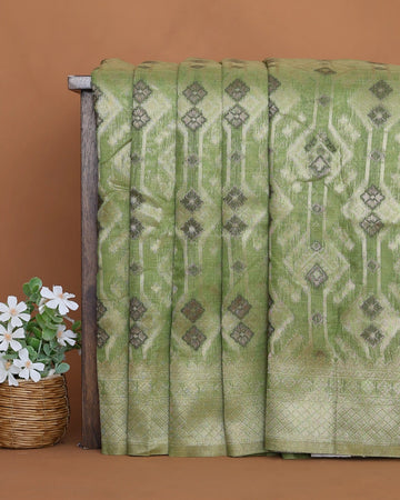 Linen Cotton Saree with Traditional Ikat Inspired Woven Motifs and Contrast Border - Green