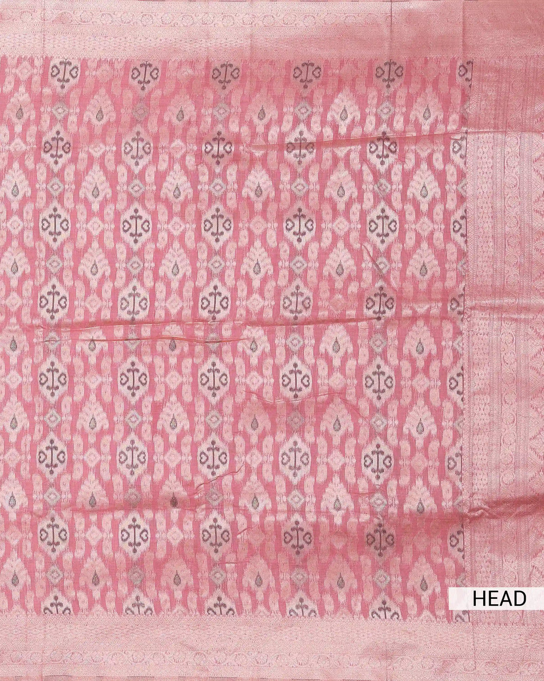 Linen Cotton Saree with Traditional Ikat Inspired Woven Motifs and Contrast Border - Pink