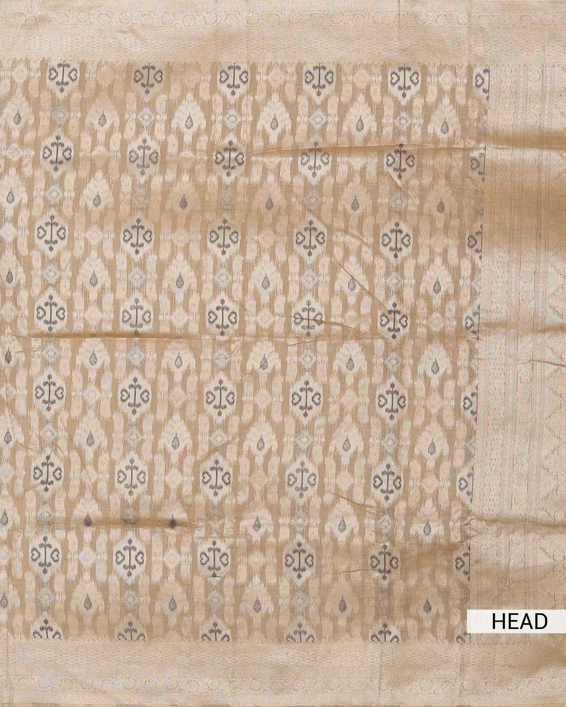 Linen Cotton Saree with Traditional Ikat Inspired Woven Motifs and Contrast Border - Beige