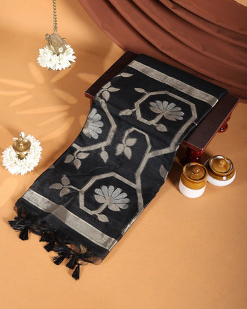 Linen Tissue Saree with Silver Floral Woven Motifs and Contrast Border - Black