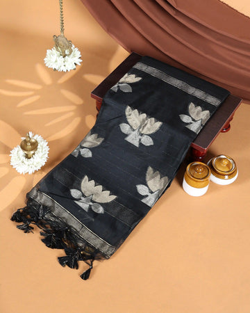 Linen Tissue Saree with Floral Motifs Zari Border and Elegant Tassels - Black