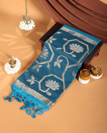 Linen Tissue Saree with Silver Floral Woven Motifs and Contrast Border - Blue