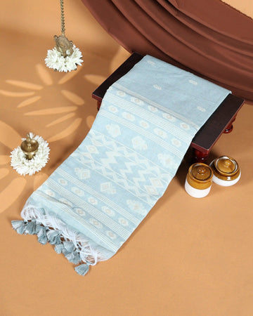 Linen Tissue Saree with Striped Woven Border and Butti Design - Sky Blue