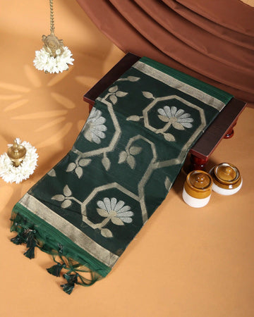 Linen Tissue Saree with Silver Floral Woven Motifs and Contrast Border - Green