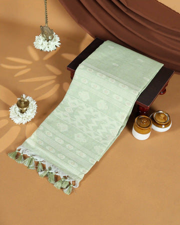 Linen Tissue Saree with Striped Woven Border and Butti Design - Green