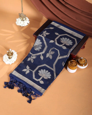 Linen Tissue Saree with Silver Floral Woven Motifs and Contrast Border - Navy