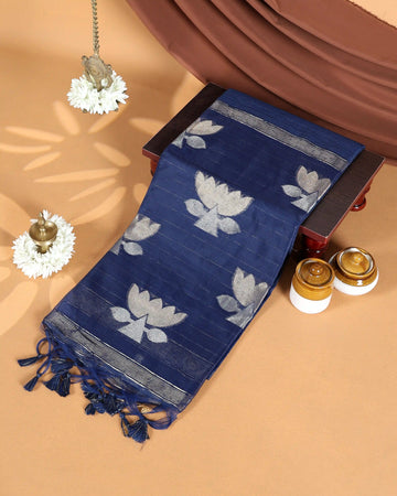 Linen Tissue Saree with Floral Motifs Zari Border and Elegant Tassels - Navy