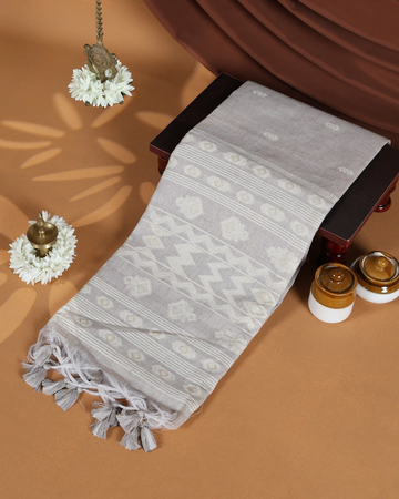 Linen Tissue Saree with Striped Woven Border and Butti Design - Grey