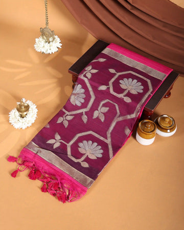 Linen Tissue Saree with Silver Floral Woven Motifs and Contrast Border - Pink