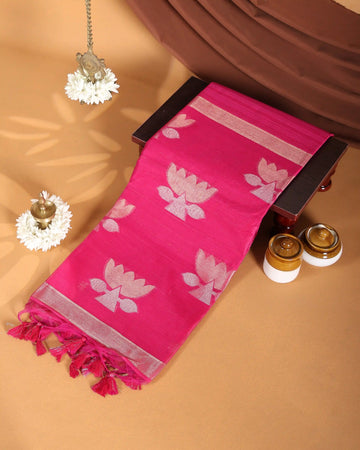 Linen Tissue Saree with Floral Motifs Zari Border and Elegant Tassels - Pink