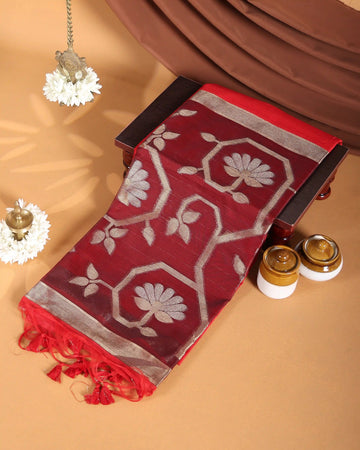Linen Tissue Saree with Silver Floral Woven Motifs and Contrast Border - Red