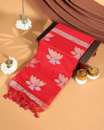 Linen Tissue Saree with Floral Motifs Zari Border and Elegant Tassels - Red