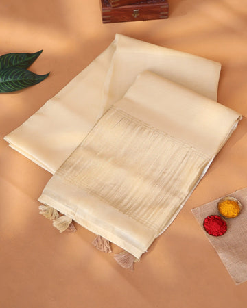 Organza Saree for Women Solid Body with Striped Border and Striped Pallu - Beige