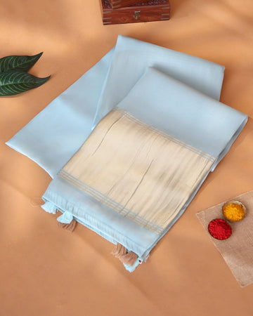 Organza Saree for Women Solid Body with Striped Border and Striped Pallu - Blue