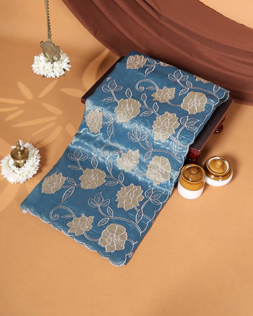 Designer Saree with Intricate Beige Floral Embroidery & Scalloped Edge Border - Blue