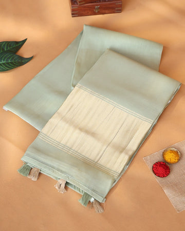 Organza Saree for Women Solid Body with Striped Border and Striped Pallu - Green