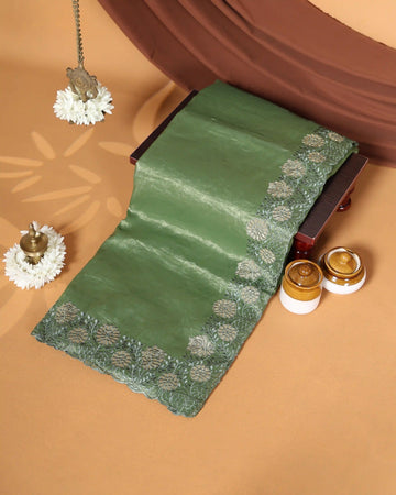 Designer Saree with Intricate Floral Embroidered Border & Elegant Scalloped Edge - Green