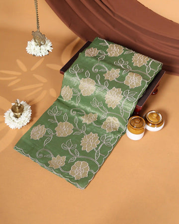 Designer Saree with Intricate Beige Floral Embroidery & Scalloped Edge Border - Green