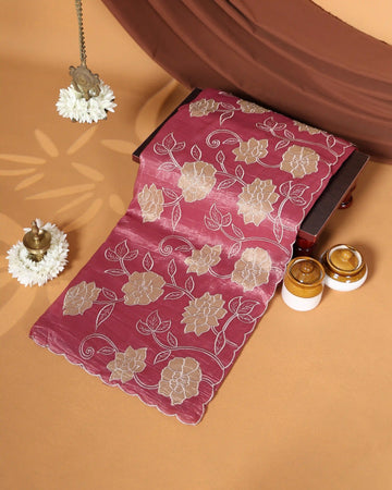 Designer Saree with Intricate Beige Floral Embroidery & Scalloped Edge Border - Onion Pink