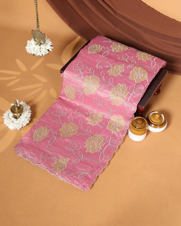 Designer Saree with Intricate Beige Floral Embroidery & Scalloped Edge Border - Pink
