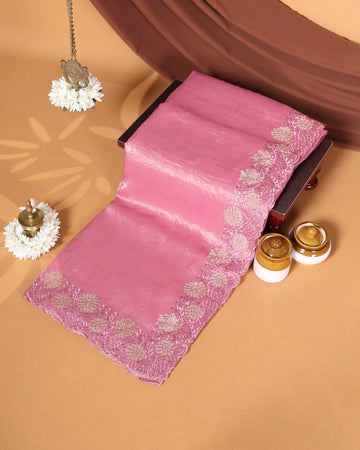 Designer Saree with Intricate Floral Embroidered Border & Elegant Scalloped Edge - Pink