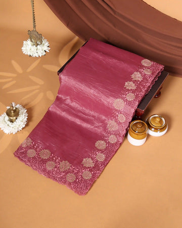 Designer Saree with Intricate Floral Embroidered Border & Elegant Scalloped Edge - Onion Pink